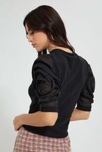 Load image into Gallery viewer, Redtag-Black-Heavy-Top-With-Flower-Details-At-Sleeve-Tops-Women's-