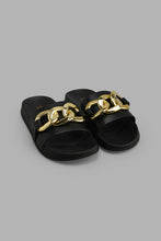 Load image into Gallery viewer, Redtag-Black-Slide-With-Gold-Chain-Trim-Sliders-Women's-