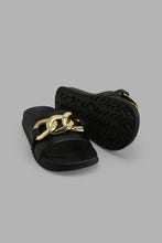 Load image into Gallery viewer, Redtag-Black-Slide-With-Gold-Chain-Trim-Sliders-Women's-