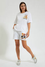 Load image into Gallery viewer, Redtag-White-Teddy-Placement-Print-Short-Colour:White,-FF,-Filter:Women's-Clothing,-New-In,-New-In-Women,-Non-Sale,-Section:Women,-W21B,-Women-Shorts-Women's-