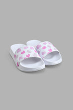 Load image into Gallery viewer, Redtag-White-Heart-Print-Slide-Colour:White,-Filter:Girls-Footwear-(3-to-5-Yrs),-GIR-Flip-Flops,-New-In,-New-In-GIR-FOO,-Non-Sale,-S22A,-Section:Kidswear-Girls-3 to 5 Years