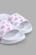 Load image into Gallery viewer, Redtag-White-Heart-Print-Slide-Colour:White,-Filter:Girls-Footwear-(3-to-5-Yrs),-GIR-Flip-Flops,-New-In,-New-In-GIR-FOO,-Non-Sale,-S22A,-Section:Kidswear-Girls-3 to 5 Years