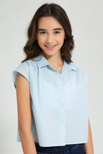 تنزيل الصورة على معرض الصور، Redtag-Light-Blue-Oversize-Crop-Shirt-With-Chiffly-Collar-Blouses-Senior-Girls-9 to 14 Years