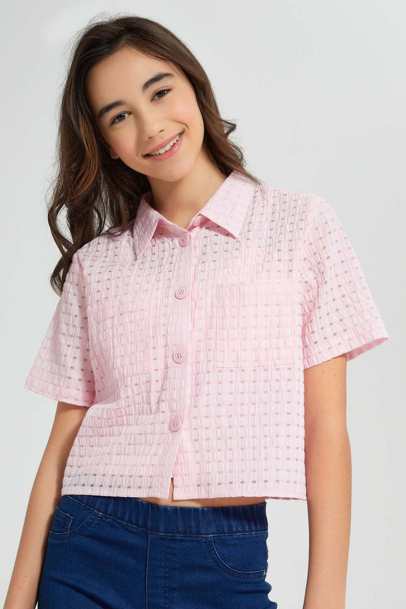 Redtag-Pink-Organza-Crop-Shirt-Blouses-Senior-Girls-9 to 14 Years