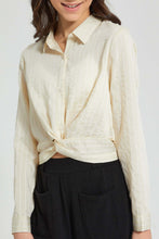 تنزيل الصورة على معرض الصور، Redtag-White/Beige-Stripes-Front-Tie-Crop-Shirt-Blouses-Senior-Girls-9 to 14 Years