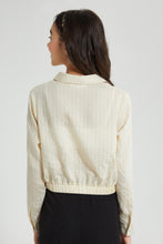 تنزيل الصورة على معرض الصور، Redtag-White/Beige-Stripes-Front-Tie-Crop-Shirt-Blouses-Senior-Girls-9 to 14 Years