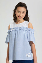 تنزيل الصورة على معرض الصور، Redtag-White/Blue-Stripes-Cold-Shoulder-Blouses-Senior-Girls-9 to 14 Years