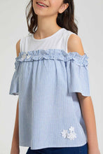 تنزيل الصورة على معرض الصور، Redtag-White/Blue-Stripes-Cold-Shoulder-Blouses-Senior-Girls-9 to 14 Years