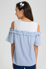 تنزيل الصورة على معرض الصور، Redtag-White/Blue-Stripes-Cold-Shoulder-Blouses-Senior-Girls-9 to 14 Years