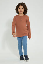 تنزيل الصورة على معرض الصور، Redtag-Brown-Long-Sleeve-Jacquard-Henley-T-Shirt-Long-Sleeves-Boys-2 to 8 Years