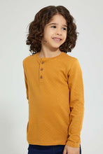 تنزيل الصورة على معرض الصور، Redtag-Gold-Long-Sleeve-Jacquard-Henley-T-Shirt-Long-Sleeves-Boys-2 to 8 Years
