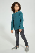 تنزيل الصورة على معرض الصور، Redtag-Blue-Long-Sleeve-Jacquard-Henley-T-Shirt-Long-Sleeves-Boys-2 to 8 Years