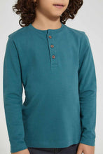 تنزيل الصورة على معرض الصور، Redtag-Blue-Long-Sleeve-Jacquard-Henley-T-Shirt-Long-Sleeves-Boys-2 to 8 Years