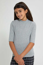 تنزيل الصورة على معرض الصور، Redtag-Grey-Melange-3/4-Sleeve-Highneck-Rib-Top-Plain-Senior-Girls-9 to 14 Years