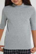 تنزيل الصورة على معرض الصور، Redtag-Grey-Melange-3/4-Sleeve-Highneck-Rib-Top-Plain-Senior-Girls-9 to 14 Years