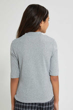 تنزيل الصورة على معرض الصور، Redtag-Grey-Melange-3/4-Sleeve-Highneck-Rib-Top-Plain-Senior-Girls-9 to 14 Years