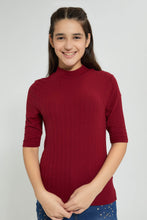 تنزيل الصورة على معرض الصور، Redtag-Burgundy-3/4-Sleeve-Highneck-Rib-Top-Plain-Senior-Girls-9 to 14 Years