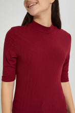 تنزيل الصورة على معرض الصور، Redtag-Burgundy-3/4-Sleeve-Highneck-Rib-Top-Plain-Senior-Girls-9 to 14 Years