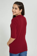 تنزيل الصورة على معرض الصور، Redtag-Burgundy-3/4-Sleeve-Highneck-Rib-Top-Plain-Senior-Girls-9 to 14 Years
