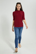 تنزيل الصورة على معرض الصور، Redtag-Burgundy-3/4-Sleeve-Highneck-Rib-Top-Plain-Senior-Girls-9 to 14 Years