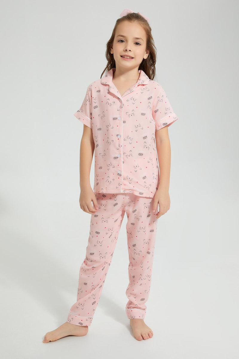 Redtag-Pink-Cat-Print-Woven-Nightsuit-Colour:Pink,-Filter:Girls-(2-to-8-Yrs),-Girls-Pyjama-Sets,-New-In,-New-In-GIR,-Non-Sale,-S22B,-Section:Kidswear-Girls-2 to 8 Years