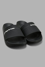 Load image into Gallery viewer, Redtag-Black-Slogan-Embossed-Slide-Sliders-Senior-Boys-5 to 14 Years