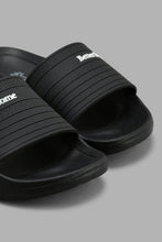 Load image into Gallery viewer, Redtag-Black-Slogan-Embossed-Slide-Sliders-Senior-Boys-5 to 14 Years
