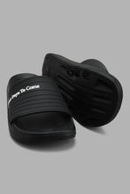 Load image into Gallery viewer, Redtag-Black-Slogan-Embossed-Slide-Sliders-Senior-Boys-5 to 14 Years
