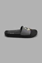 Load image into Gallery viewer, Redtag-Black-Slogan-Embossed-Slide-Sliders-Senior-Boys-5 to 14 Years