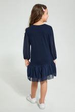 تنزيل الصورة على معرض الصور، Redtag-Navy-Dobby-Mesh-Bottom-Dress-Dresses-Girls-2 to 8 Years