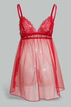 تنزيل الصورة على معرض الصور، Redtag-Red-Plain-Mesh-Babydoll-With-Lace-Babydolls-Women's-