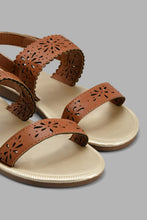 تنزيل الصورة على معرض الصور، Redtag-Brown-Laser-Floral-Sandal-Slingbacks-Girls-3 to 5 Years