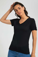 تنزيل الصورة على معرض الصور، Redtag-Black-Plain-Short-Sleeve-V-Neck-T-Shirt-Plain-Women's-