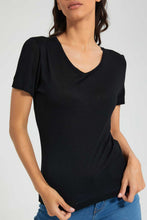 تنزيل الصورة على معرض الصور، Redtag-Black-Plain-Short-Sleeve-V-Neck-T-Shirt-Plain-Women's-