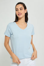 تنزيل الصورة على معرض الصور، Redtag-Blue-Plain-Short-Sleeve-V-Neck-T-Shirt-Active-Tees-Women's-