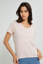 تنزيل الصورة على معرض الصور، Redtag-Pink-Plain-Short-Sleeve-V-Neck-T-Shirt-Active-Tees-Women's-