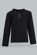 تنزيل الصورة على معرض الصور، Redtag-Black-Jacquard-Long-Sleeve-T-Shirt-V-Neck-Infant-Boys-3 to 24 Months