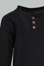 تنزيل الصورة على معرض الصور، Redtag-Black-Jacquard-Long-Sleeve-T-Shirt-V-Neck-Infant-Boys-3 to 24 Months