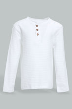 تنزيل الصورة على معرض الصور، Redtag-White-Jacquard-Long-Sleeve-T-Shirt-V-Neck-Infant-Boys-3 to 24 Months