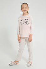تنزيل الصورة على معرض الصور، Redtag-Grey-Cat-Face-Embroideredroidered-Nightsuit-Pyjama-Sets-Girls-2 to 8 Years