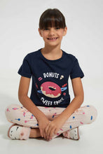 Load image into Gallery viewer, Redtag-Navy-Donut-Print-Basic-Nightsuit-Pyjama-Sets-Girls-2 to 8 Years