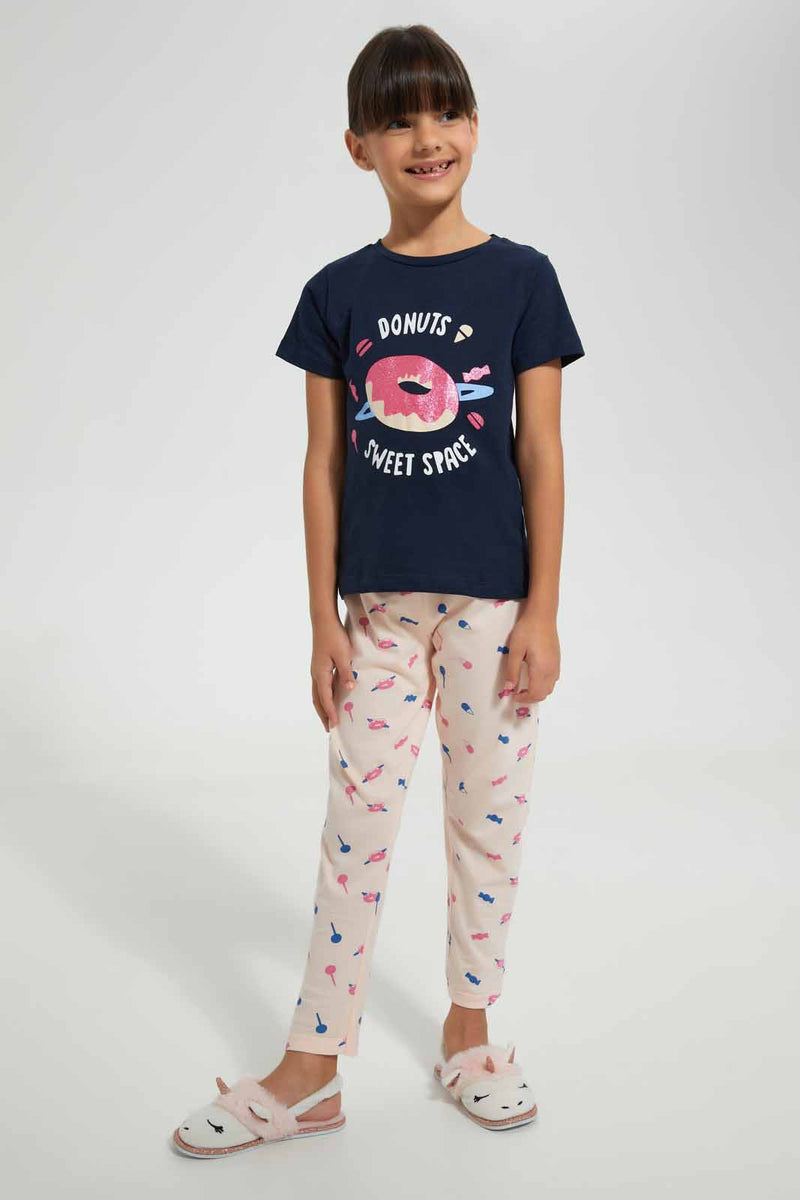 Redtag-Navy-Donut-Print-Basic-Nightsuit-Pyjama-Sets-Girls-2 to 8 Years