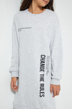 تنزيل الصورة على معرض الصور، Redtag-Grey-Melange-Slogan-Sweatshirt-Dress-Dresses-Senior-Girls-9 to 14 Years