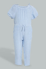 Load image into Gallery viewer, Redtag-Blue-Long-Sleeve-Ruffle-Shoulder-Playsuit-Colour:Blue,-Filter:Infant-Girls-(3-to-24-Mths),-Infant-Girls-Jumpsuits,-New-In,-New-In-ING,-Non-Sale,-S22B,-Section:Kidswear-Infant-Girls-3 to 24 Months