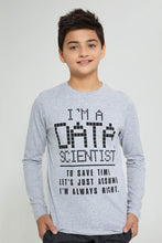 تنزيل الصورة على معرض الصور، Redtag-Grey-Data-Scientist-T-Shirt-Long-Sleeves-Senior-Boys-9 to 14 Years