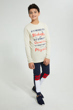تنزيل الصورة على معرض الصور، Redtag-Beige-Science-T-Shirt-Long-Sleeves-Senior-Boys-9 to 14 Years