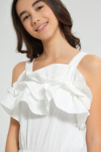 تنزيل الصورة على معرض الصور، Redtag-White-Ruffled-Front-Jacquard-Jumpsuit-Dresses-Senior-Girls-9 to 14 Years