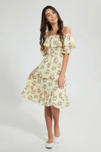تنزيل الصورة على معرض الصور، Redtag-Yellow-Floral-Off-Shoulder-Dress-Dresses-Senior-Girls-9 to 14 Years