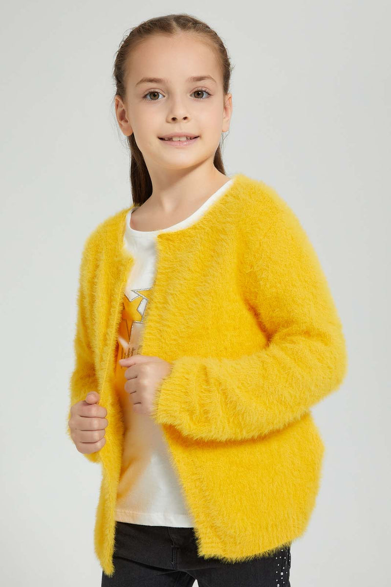 Redtag-Mustard-Two-Piece-Cardigan-With-T-Shirt-Sets-Girls-2 to 8 Years