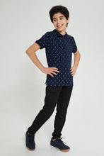تنزيل الصورة على معرض الصور، Redtag-Navy-Allover-Print-Polo-Polo-Shirts-Senior-Boys-9 to 14 Years